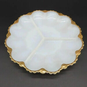 Vintage Fire King White Milk Glass Divided Dish with Gold Trim